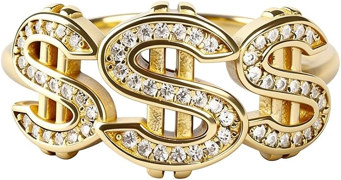 14K Gold Plated Crystal Dollar Sign Statement Rings for Men's and Women's,Cubic Zirconia Hip Hop Dollar Symbol Punk Rock Ring for Rapper Money Amulet Keepsake Rings Jewelry Size 9#