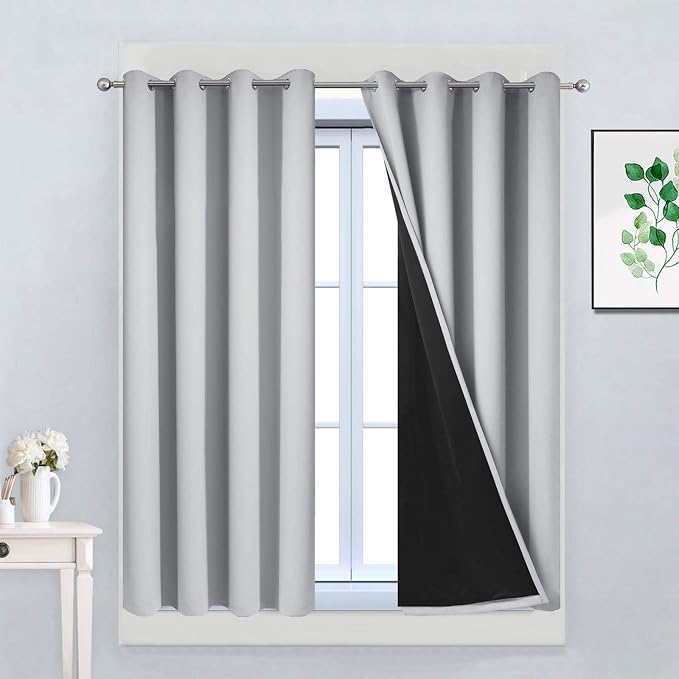 Yakamok Light Grey 100% Blackout Curtains 45 Inches Long 52" Wide 2 Panel | Blackout Curtain Panels for Bedroom, 2 Thick Layers Grommet Top Thermal Insulated Drapes with Black Liner for Living Room