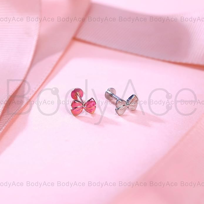 F136 Titanium Body Piercing Studs, Internally Threaded Star Lip Ring Bow Conch Tragus Stud, 16G Flat Back Cartilage Earring Studs with Piercing Taper