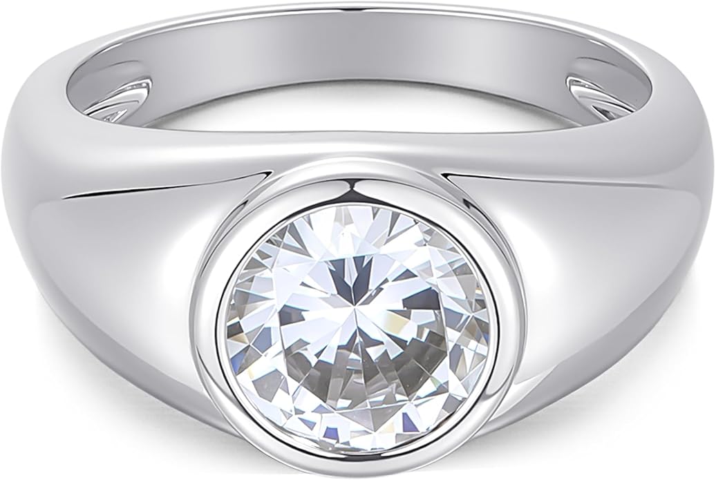 Women's Wide Band Round-Cut 2 Carat CZ Ring | Large Gold Chunky Bezel Halo Statement Ring