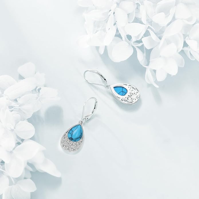 AOBOCO Teardrop Dangle Earrings for Women 925 Sterling Silver Moonstone Flower Filigree Leverback Jewelry Birthday