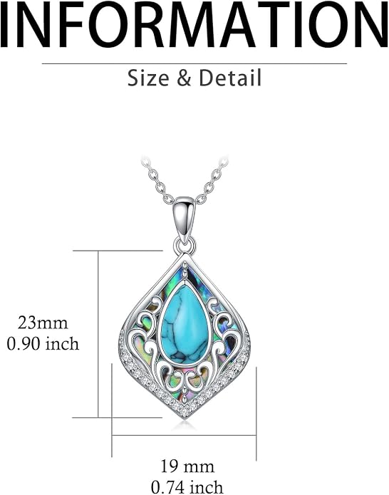 HPQQ Filigree Gemstone Necklace 925 Sterling Silver Teardrop Bohemian Necklace Abalone Shell Jewelry Birthday Gifts for Women