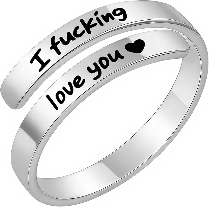 I Fcking Love You Ring, Stainless Steel Engraved Inspirational Words Heart Open Adults Women Vintage Promise Rings Lover Wife Jewelry
