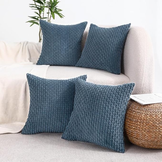 VAKADO Dark Blue Decorative Throw Pillow Covers 18x18 Set of 4 Couch Corduroy Neutral Home Living Room Farmhouse Rustic Cushion Case Decor Boho Square for Bed Sofa