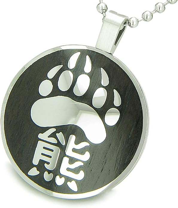 Magic Human Bear Paw Necklace - Grizzly Claw Pendant - Wood and Steel Unique Medallion - Kanji Protection Amulet