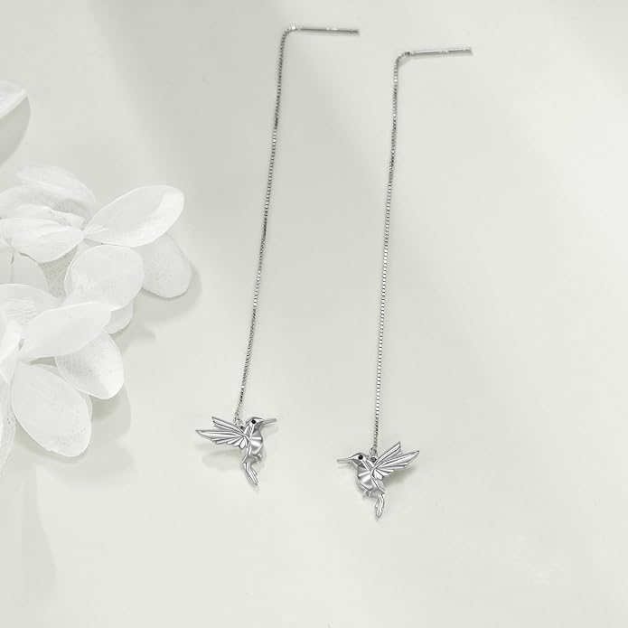 Hummingbird Pull Through Threader Earrings 925 Sterling Silver Long Piercing Tassel Drop Dangle Ear Line Eardrop Earrings Origami Jewelry Birthday Gifts for Women