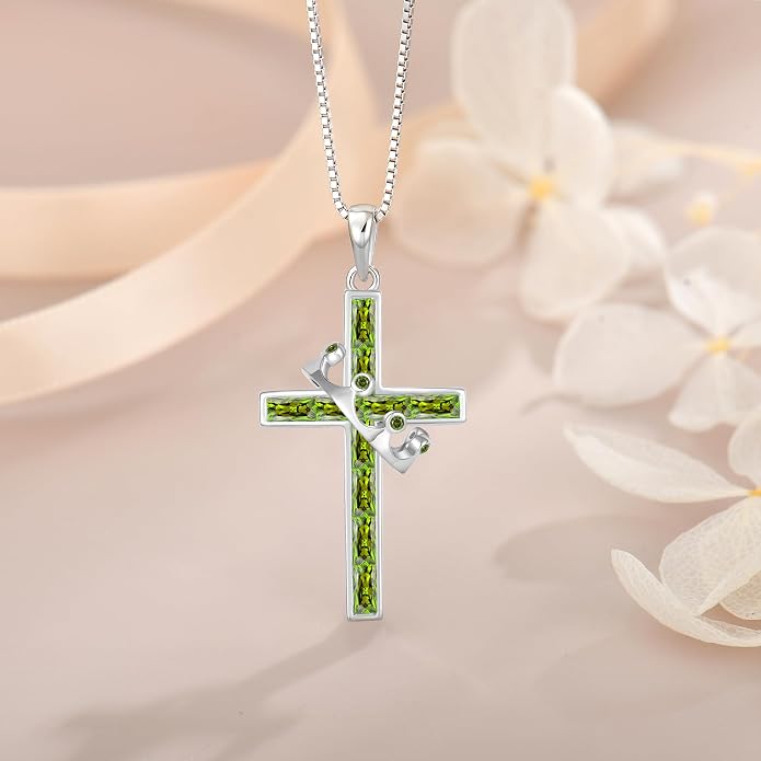 Gemstone Crown Cross Necklaces for Women, 925 Sterling Silver Rectangular cut Zircon Pendant With Rotated Crown Faith Cross Jewelry Gift