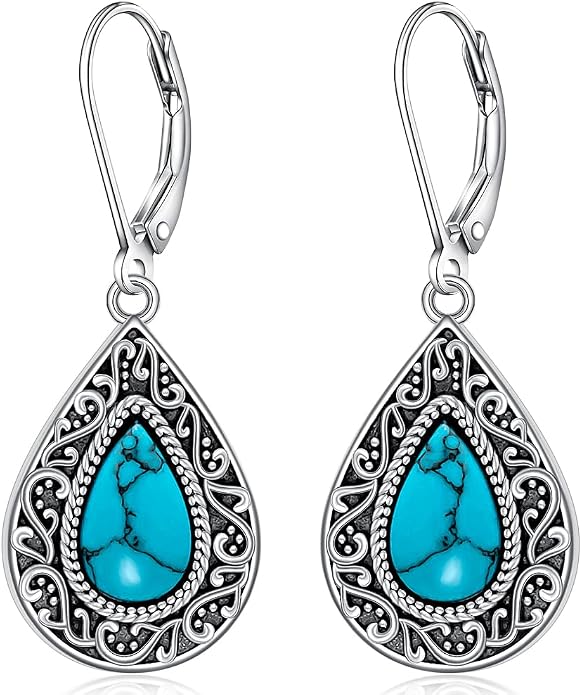 Teardrop Dangle Earrings for Women Turquoise Jewelry for Women 925 Sterling Silver Leverback Filigree Drop Dangle Earrings Filigree Jewelry
