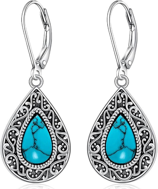 Teardrop Dangle Earrings for Women Turquoise Jewelry for Women 925 Sterling Silver Leverback Filigree Drop Dangle Earrings Filigree Jewelry