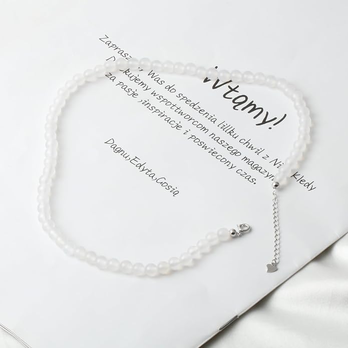 Kakikaki Natural Agate Choker Necklace Sterling Silver Round Beads Strand Necklace for Women