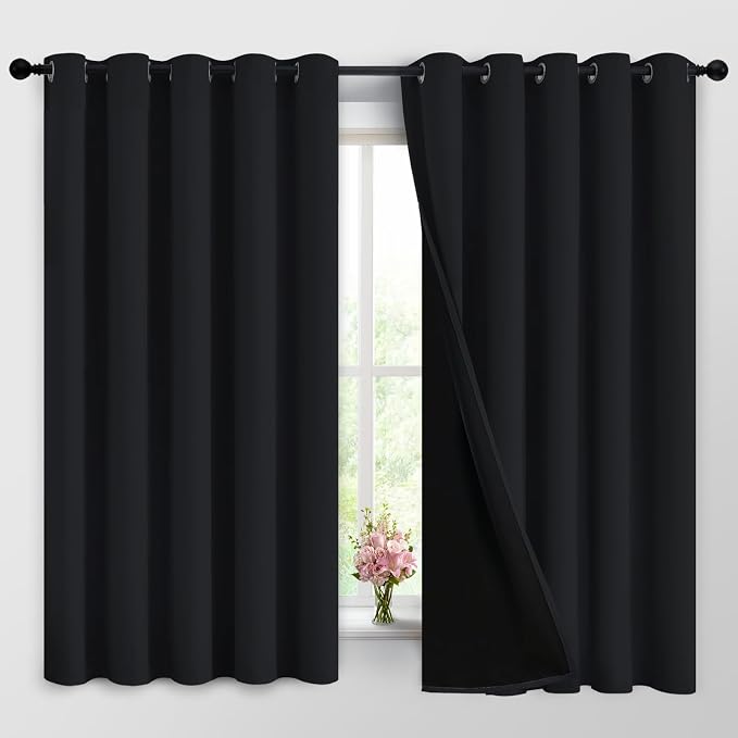 Yakamok Black 100% Blackout Curtains 63 Inches Long for Bedroom 62" Wide | Blackout Curtain Panels for Bedroom, 2 Thick Layers Grommet Top Thermal Insulated Drapes with Black Liner for Living Room