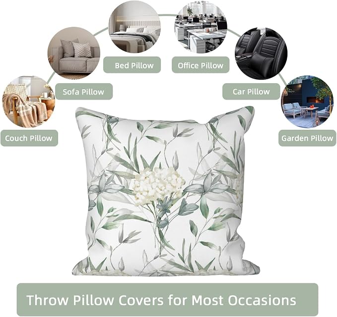 4 Pcs/Set Flowers Pillow Covers Summer White Floral Green Leaves Plants Watercolor Natural Scenery Linen Throw Pillow Covers for Outdoor Couch Sofa Farmhouse Bedroom Decor, 16"x16"