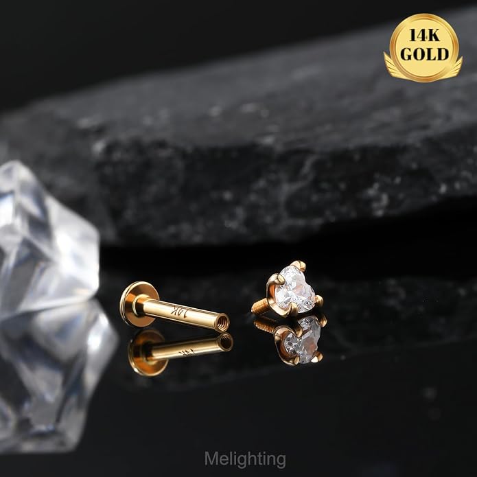 Melighting 14K Solid Gold Cartilage Earring - 16G Gold Heart Flat Back Earring - Star Helix Piercing Jewelry - Internally Threaded Curved CZ - 8mm