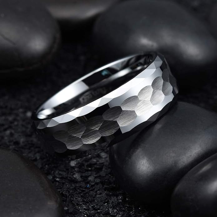 King Will Hammered 8mm Silver Tungsten Ring Hammer Men Wedding Band Comfort Fit