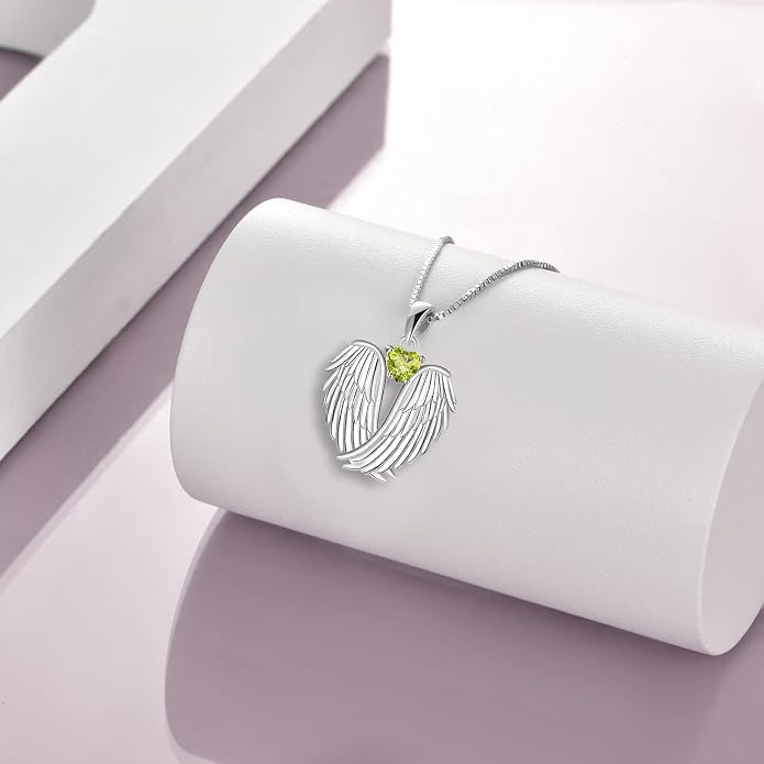 YFN Angel Wings Necklace 925 Sterling Silver Guardian Angel Wings Pendant Necklace Birthstone Necklace for Women Girls Christmas Jewelry Gifts