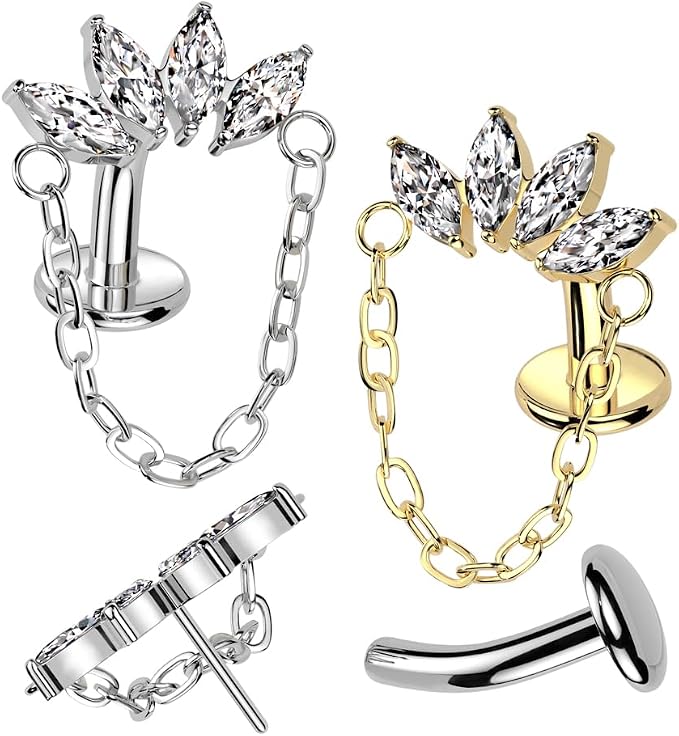 Pierced Owl 14GA ASTM F-136 Implant Grade Titanium Threadless Push-In CZ Crystal Marquise Fan with Dangling Chain Floating Belly Button Ring (Gold Tone)