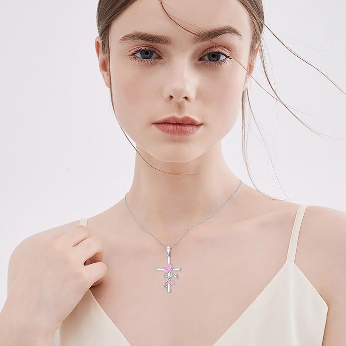 HPQQ Cross Necklace 925 Sterling Silver Turquoise Tree of Life Celtic Knot Cross Pendant Jewelry Mother's Day Gifts for Women
