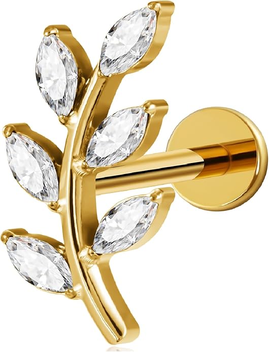 FINE4U 1PC Leaf Flat Back Stud Flat, Helix, Conch, Tragus 6mm 8mm - ASTM F136 Titanium Screw on Body Piercing Jewelry