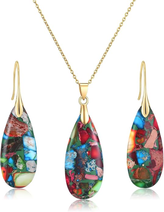 Kingdder Natural Stone Jewelry Set for Women Imperial Healing Stone Necklace Colorful Teardrop Dangle Earings Boho Jewelry