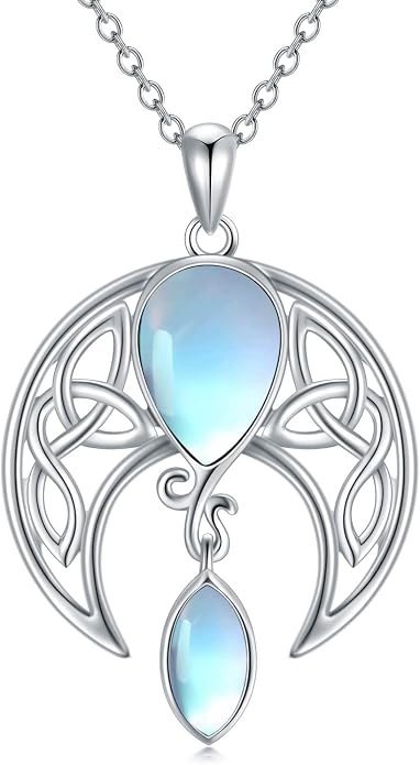 AOBOCO Sterling Silver Celtic Crescent Moon Goddess Pendant Irish Good Luck Necklace with Birthstone Crystal, Celtic Moon Jewelry Gift for Women Mom Wife