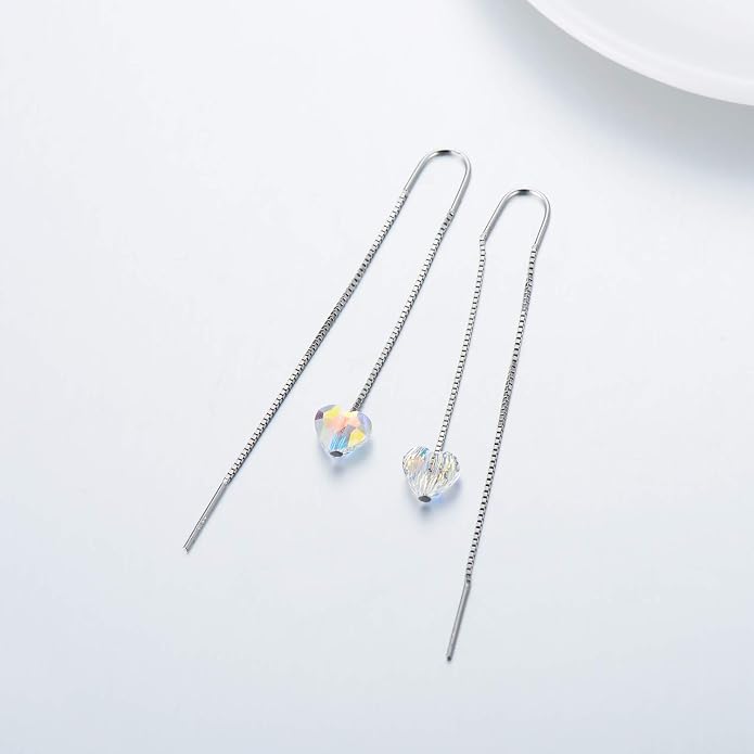 AOBOCO Heart/Butterfly/Cube Threader Dangle Drop Earrings - 925 Sterling Silver Long Chain Earring for Women Baroque Hook Drop Earrings Crystals from Austria