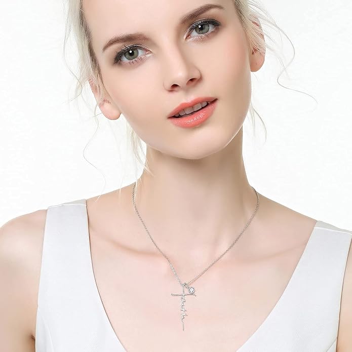PRAYMOS Faith Cross Necklace for Women 925 Sterling Silver Pendant Necklace With Birthstone Initial Christian Religious Confirmation Baptism Mothers Day Gifts