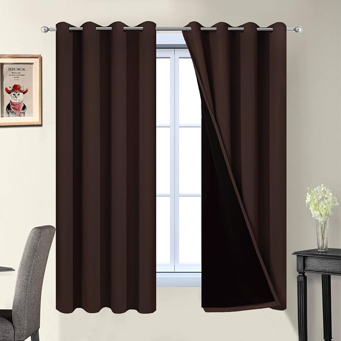 Yakamok Chocolate Brown Blackout Curtains 63 Inches Long 52" Wide, 2 Panels | Blackout Curtain Panels for Bedroom, 2 Thick Layers Grommet Top Thermal Insulated Drapes with Black Liner for Living Room