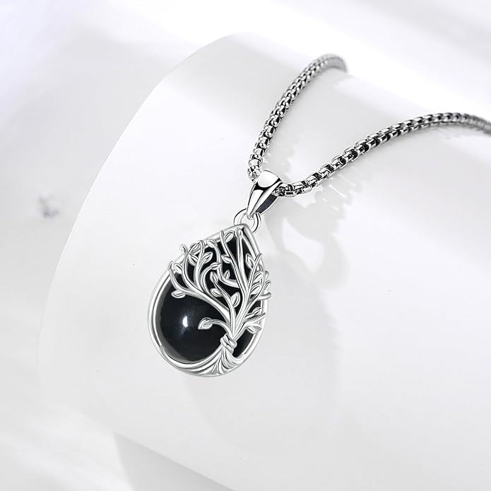 Sterling Silver Tree of Life Necklace for Women Oval Family Tree Necklace Abalone Shell Moonstone Pendant Mother Day Necklace for Mom Tree of Life Jewelry