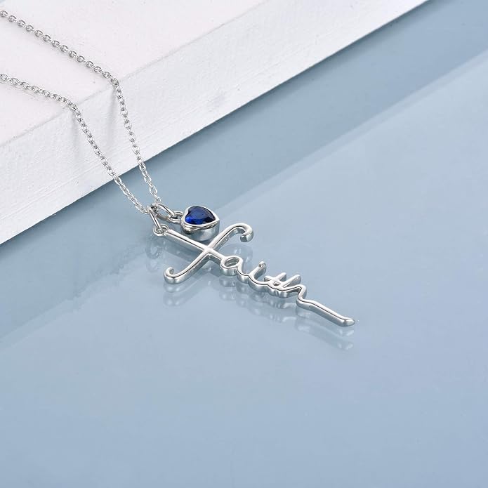 Faith Cross Necklace For Women Birthstone Sterling Silver with Simulated Birthstone Cross Jewelry Christian Gifts