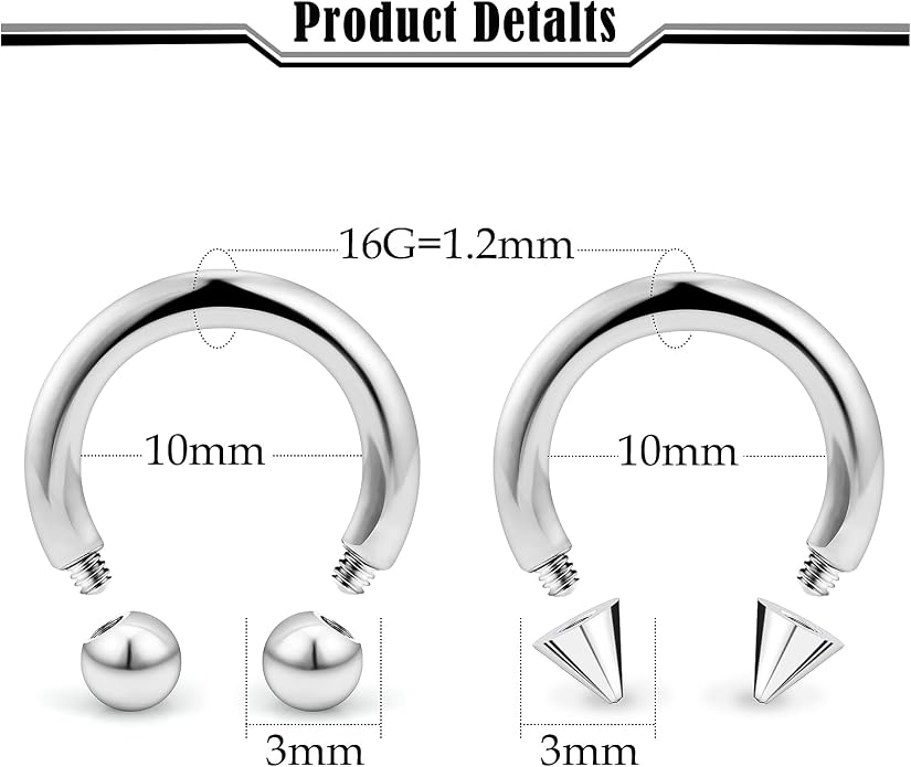 20G-00G Septum Rings horseshoes Nose Rings Hoops 316L Surgical Steel Snake Bites Lip Nipple Ring Cartilage Tragus Helix Rook Conch Daith Earrings Pa Piercing Jewelry for Women Men