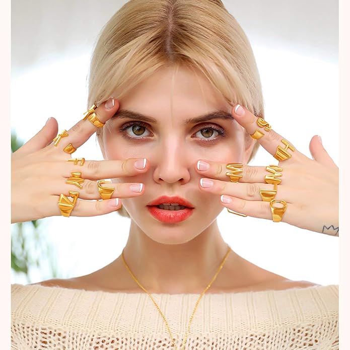 FindChic Customizable Initial Ring Statement 18K Gold Plated Fashion Cuff Rings for Women Alphabet Letter A to Z Resizable Knuckle Ring (with Gift Box)