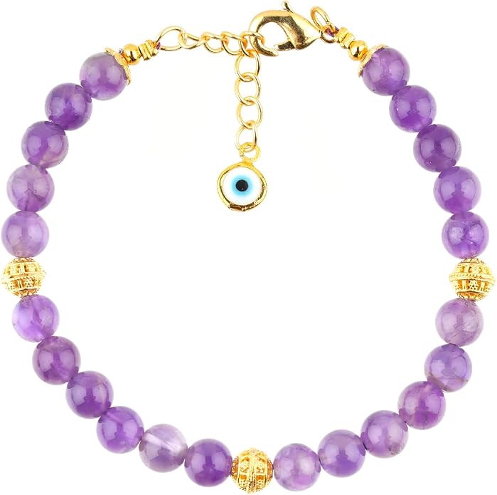 AAA Grade Natural Gemstone Beaded Bracelet, 14K Gold Plated with Evil Charm, Wicca & Reiki Healing Crystals, Handmade Bohemian Jewelry, Christmas Gift for Women (7+1inch)