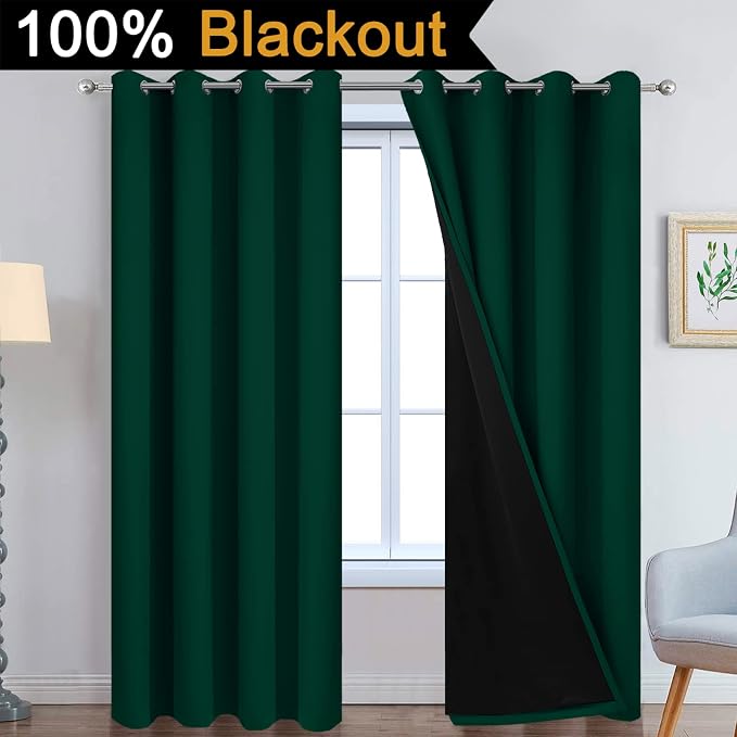 Yakamok Dark Green 100% Blackout Curtains 90 Inches Long 52" Wide 2 Panels | Blackout Curtain Panels for Bedroom, 2 Thick Layers Grommet Top Thermal Insulated Drapes with Black Liner for Living Room