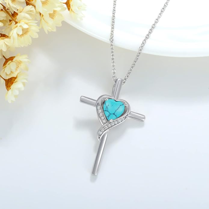 TOUPOP Birthstone Cross Necklace for Women 925 Sterling Silver Heart Cross Pendant Necklace Mothers Day Birthday Jewelry Gifts for Mom Wife Her