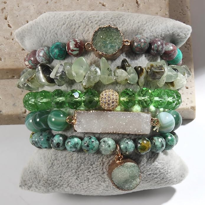Yomisa 5PCS 6PCS Natural Boho Beaded Bracelets/Bangle for Women Men,Healing Turquoise Jasper Agate Crystal Gemstone Stone Chakra Multilayer Wrap Bohemian Handmade Jewelry Beads Stretch Bracelet Set