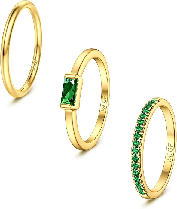 Gold Stackable Birthstone Rings for Women - 18K Gold Filled Non Tarnish Dainty Gold Stacking Rings Set - Cubic Zirconia Thumb Knuckle Ring Wedding Engagement Ring for her Gifts Size 6 7 8 9 10 3pcs