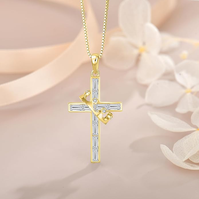 Gemstone Crown Cross Necklaces for Women, 925 Sterling Silver Rectangular cut Zircon Pendant With Rotated Crown Faith Cross Jewelry Gift