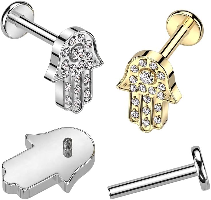 Pierced Owl 16GA F136 Implant Grade Titanium Internally Threaded CZ Crystal Paved Hamsa Top Flat Back Labret Stud