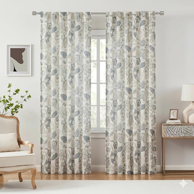 Kayne Studio Backtab Rod Pocket Jacobean Floral Semi Sheer Curtains Boho Botanical Leaf Printed Vintage Farmhouse Blue Grey Light Filtering Window Treatment Sets Living Room Bedroom,52"x84",2 Panels