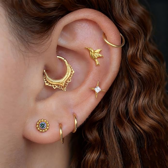 Casvort 3 PCS ASTM F136 Titanium 16G/18G Moth Bird Snail Flower Heart Spiral Threadless Flatback Piercing Stud for Nose, Labret, Tragus, Helix, Conch with 6mm 7mm and 8mm Post- Cartilage Earring Body Piercing Jewelry