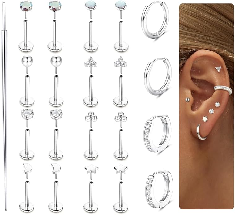 Sanfenly Threadless Flat Back Earrings Studs 316L Surgical Steel Cartilage Earrings for Women Men Push in Nose Rings Studs 20G 18G 16G CZ Opal Tragus Helix Conch Lip Labret Medusa Nostril Piercing Jewelry Hypoallergenic