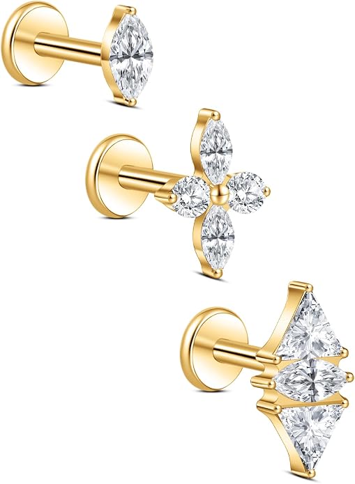 limerencia Titanium Internally Threaded Flat Back Earrings, 3 Pcs Implant Grade Hypoallergenic Studs, 18G Tragus Helix Conch Cartilage Piercing Jewelry for Sensitive Ears Women Men, Gold/Silver
