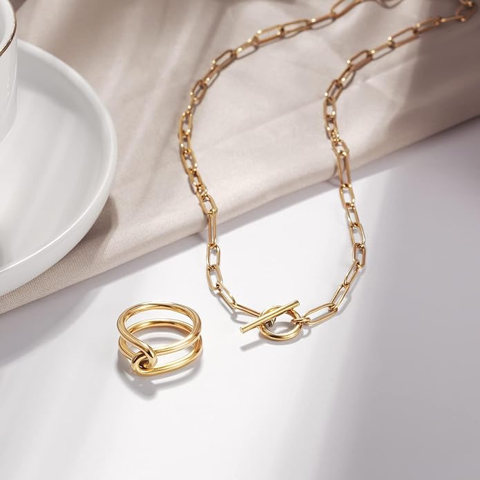 Lauren Paperclip Bolo Necklace Layered Stacked Paper-clip Link for Women Adjustable Lobster Clasp Gold Plated Stainless Steel Link Charm Chain(16"/20"/24")
