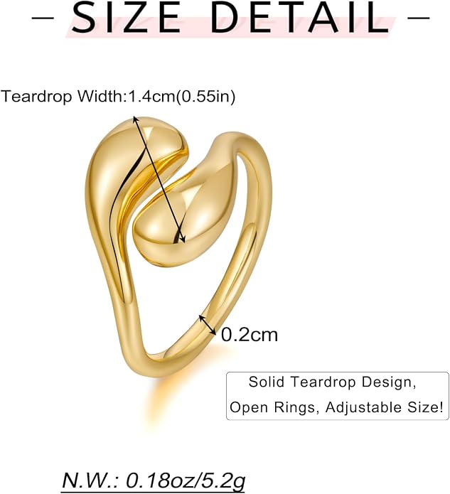 WOWORAMA Chunky Teardrop Rings for Women Silver Gold Bypass Dome Rings Thick Statement Open Adjustable Rings Simple Waterdrop Stackable Band Rings