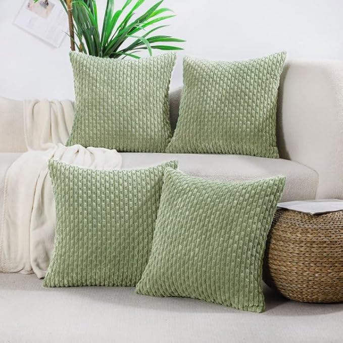 VAKADO Couch Sage Green Decorative Throw Pillow Covers 24x24 Set of 4 Spring Boho Corduroy Neutral Home Living Room Farmhouse Rustic Cushion Case Decor Square for Bed Sofa