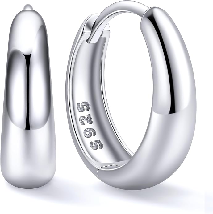 ChicSilver Solid 925 Sterling Silver Chunky Hoop Earrings for Women, Silver Small Thick Huggie Earrings Hypoallergenic Lightweight Silver Hoop Earrings for Sensitive Ears (8/10/12/14mm)