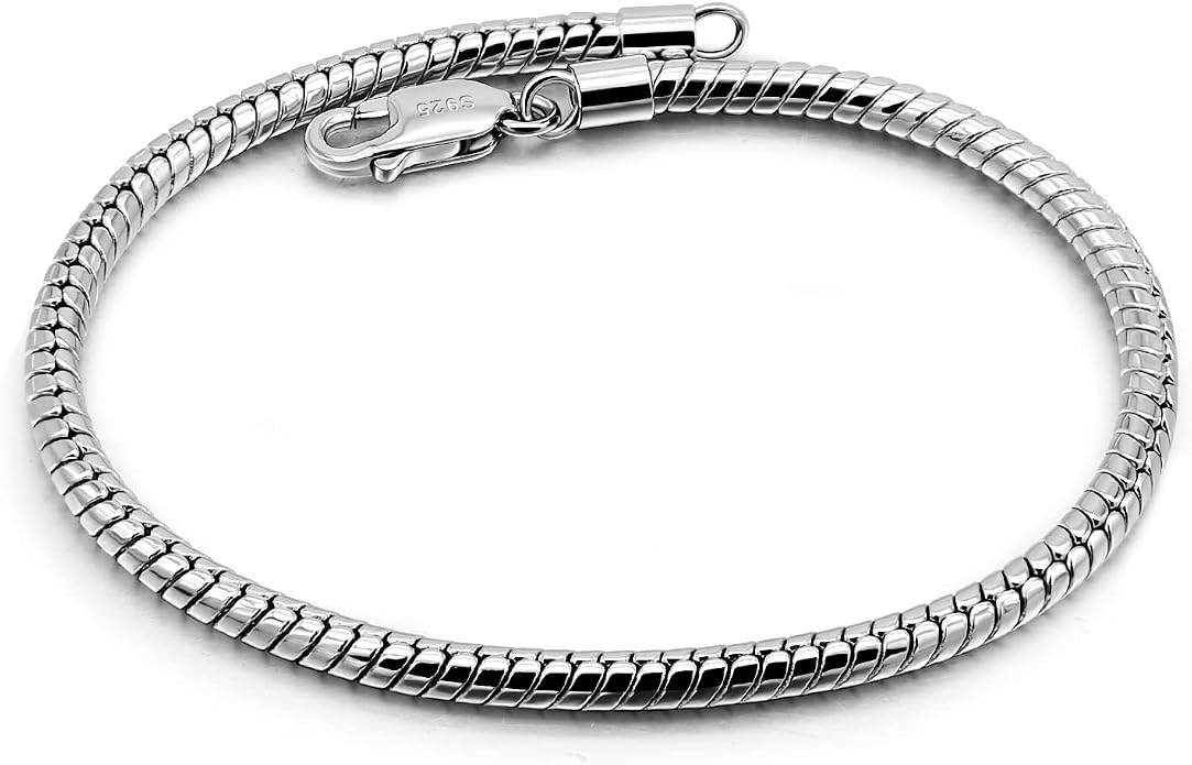 Dankadi Italy Smooth 3MM 4MM Round Snake Chain Bracelet Solid 925 Sterling Silver Men Women 6.3" 6.7" 7" 7.5" 8" 8.5" 9" 9.5" Bangle Charm Jewelry Gift