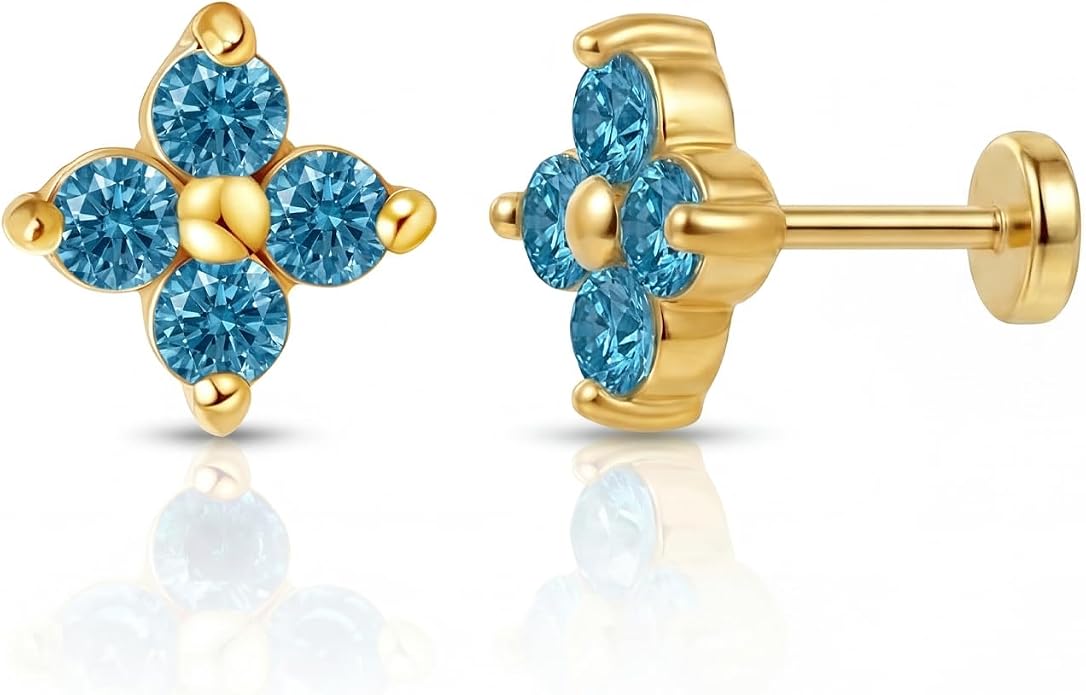 FANSING Short Threadless Cartilage Earring Stackable CZ Birthstone Flat Back Earrings for Women Small Stud Earrings for Tragus Helix Earlobe 18K Gold Plated ‌Rainbow 5.0mm