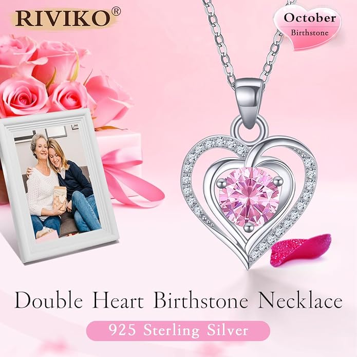 RIVIKO Heart Birthstone Pendant Necklace for Women 925 Sterling Silver Zirconia Necklaces Valentine's Day Anniversary Birthday Mothers Day Jewelry Gifts For Her Mother Wife