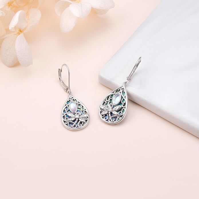 Dragonfly Filigree Earrings 925 Sterling Silver Created Abalone Shell Moonstone Teardrop Dangle Jewelry Birthday Mother’s Day Gifts for Women